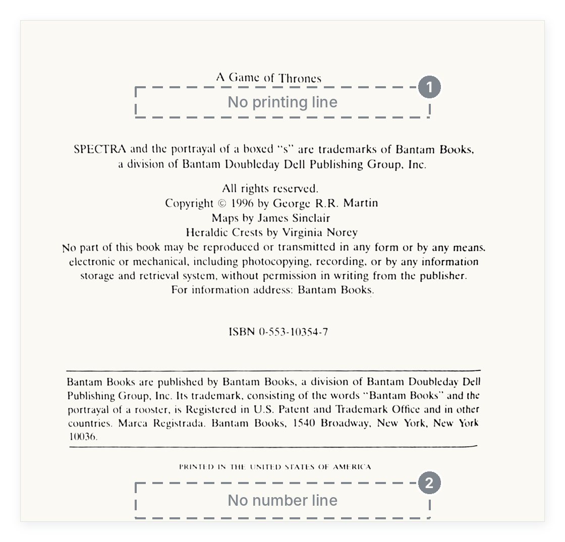 A Game of Thrones book club edition copyright page, with no printing line and no number line