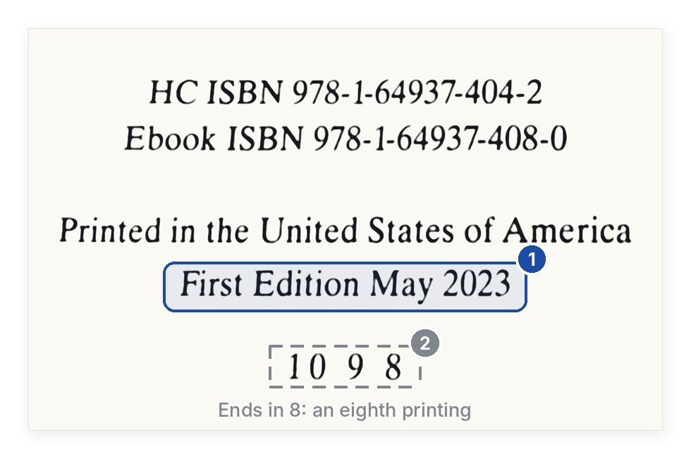 Eighth printing of Fourth Wing: still First Edition May 2023, number line ending in 8