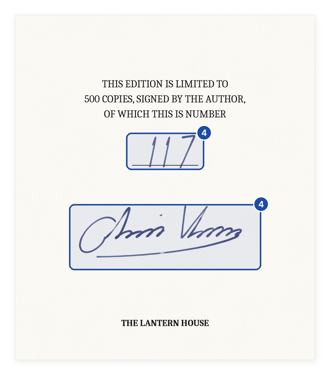 Signed and numbered limitation page: This edition is limited to 500 copies, signed by the author, of which this is number 117, with the number written in by hand