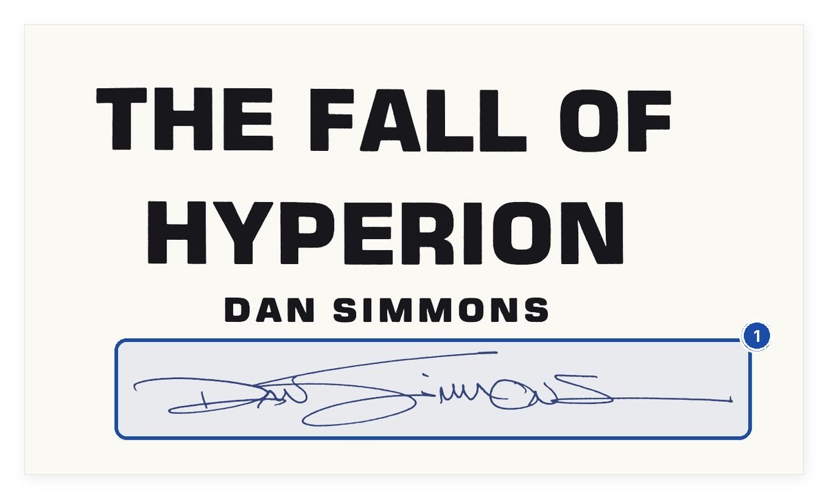 Real signature in ink: Dan Simmons signed the title page of The Fall of Hyperion first edition