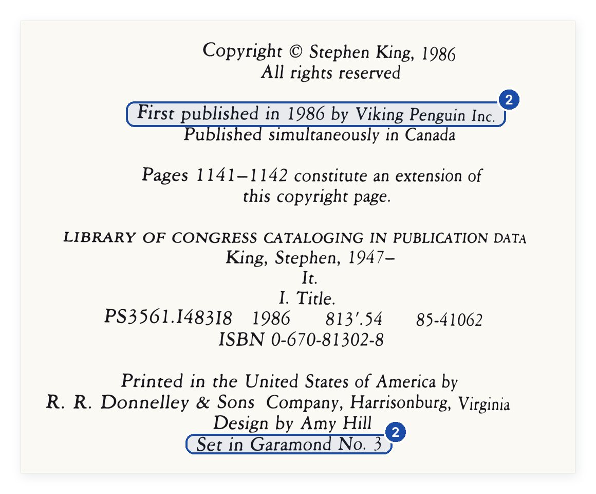IT first edition copyright page: First published in 1986 by Viking Penguin Inc., Set in Garamond No. 3