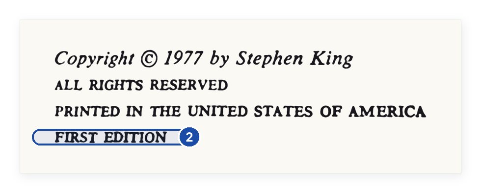 The Shining first edition copyright page: Copyright 1977 by Stephen King, Printed in the United States of America, FIRST EDITION