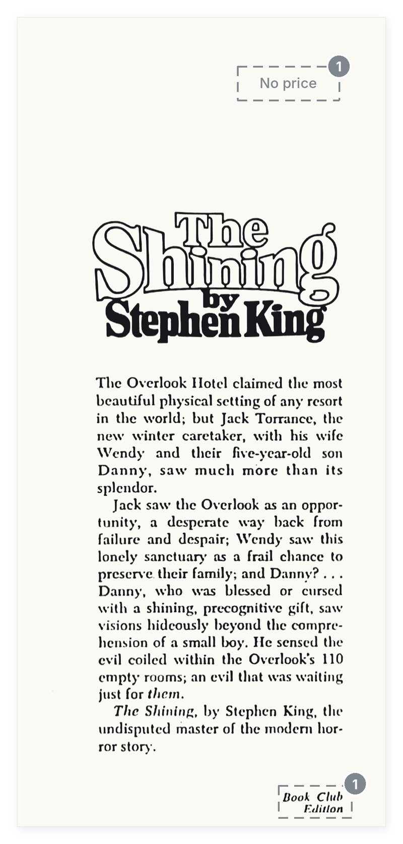 The Shining book club edition dust jacket front flap: no price, Book Club Edition at the foot