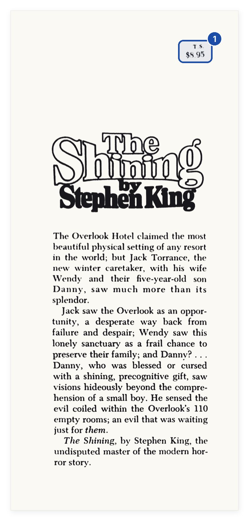 The Shining first edition 1977 dust jacket front flap: T.S. $8.95 at the top right
